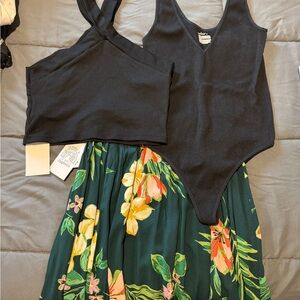 Black Bodysuit, tank, and Floral Skirt Set